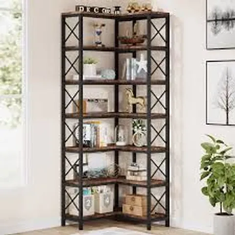 BOXED 7-TIER CORNER BOOKSHELF DISPLAY STORAGE RACK - RUSTIC BROWN (1 BOX)