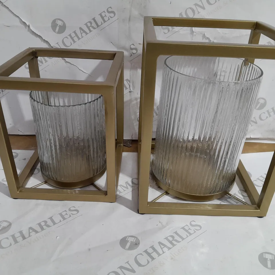 BOXED MY HOME STORIES SET OF FLUTED GLASS HURRICANE LANTERNS - GOLD