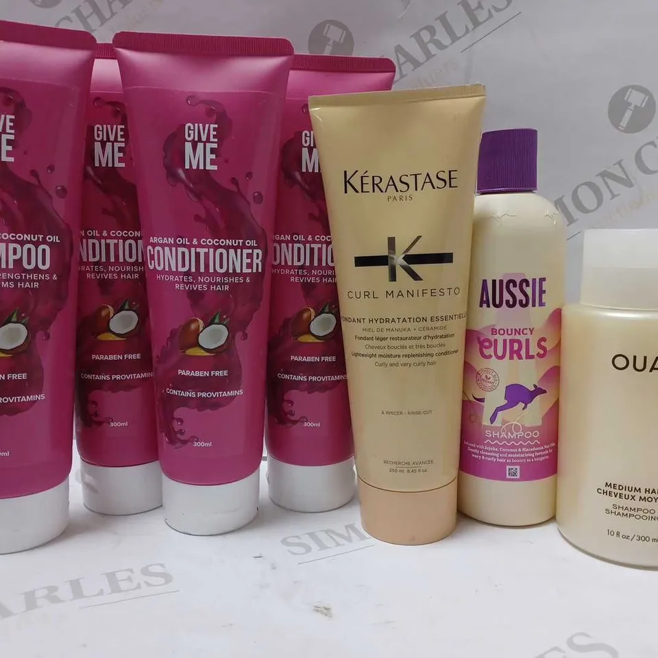 LOT OF APPROX 7 ASSORTED HAIRCARE PRODUCTS TO INCLUDE GIVE ME SHAMPOO, OUAI MEDIUM HAIR SHAMPOO, KERASTASE REPLENISHING CONDITIONER, ETC 