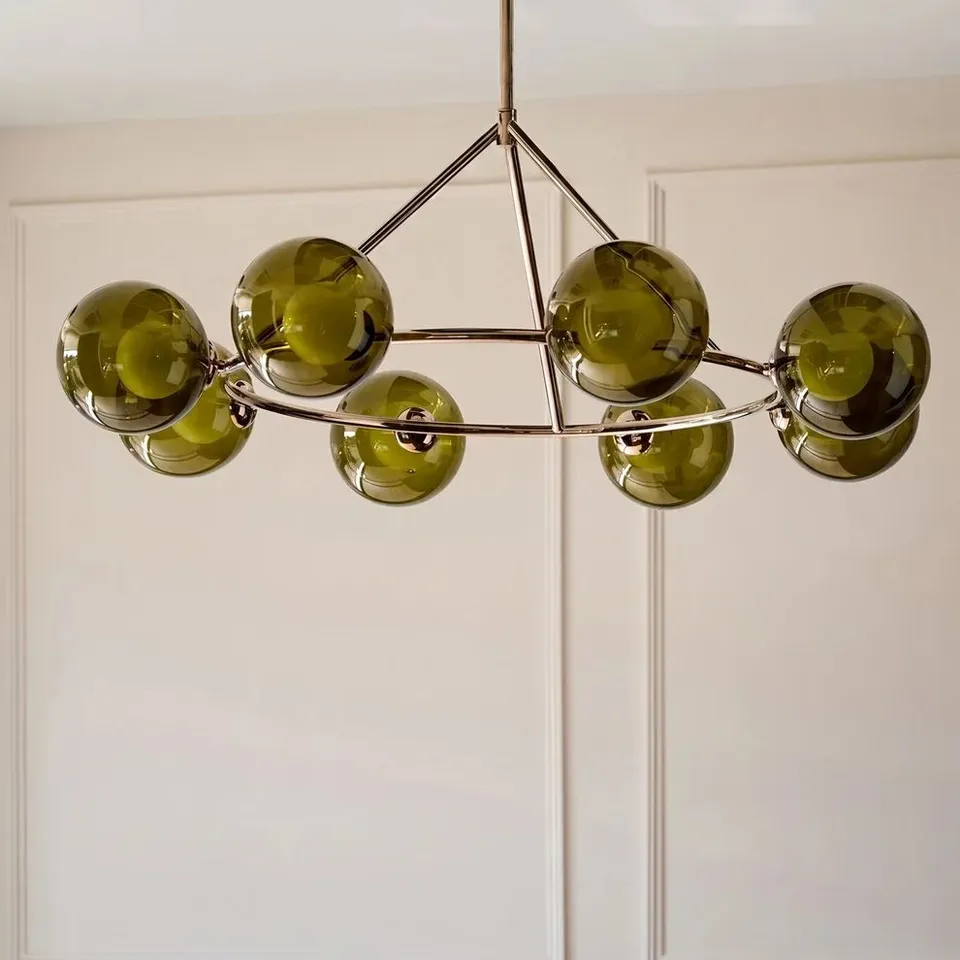 BOXED DANETTI RILEY OLIVE GREEN GLASS 8 BULB PENDANT LIGHT