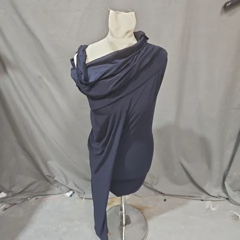 KAIKO NAVY DRAPED ONE-SHOULDER EVENING DRESS, UK 14