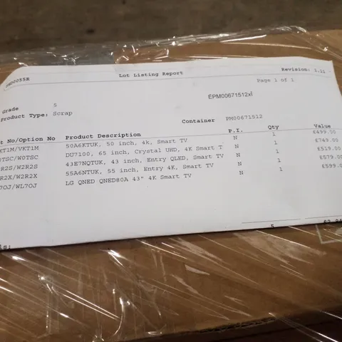 PALLET OF FIVE ASSORTED WAREHOUSE DAMAGED TV'S TO INCLUDE;
