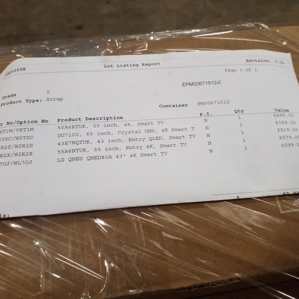 PALLET OF FIVE ASSORTED WAREHOUSE DAMAGED TV'S TO INCLUDE;