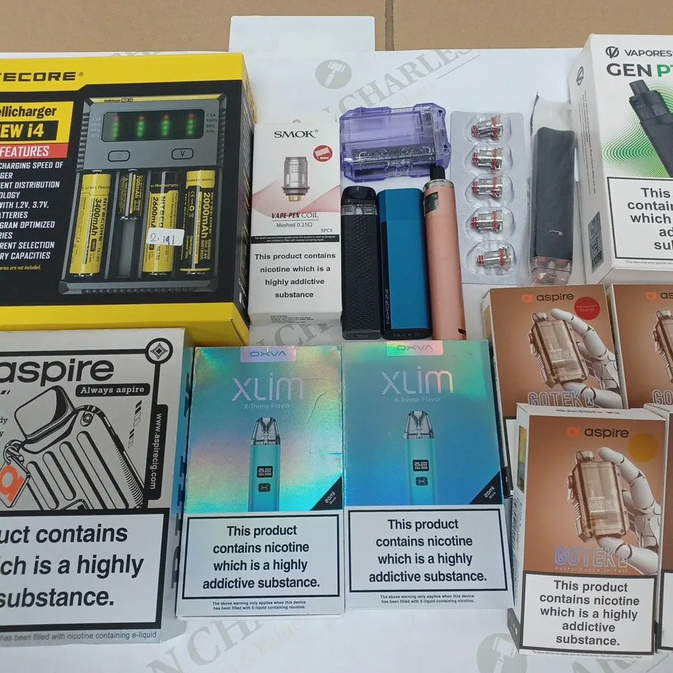LOT OF 20 ASSORTED E-CIGARETTES AN DPARTS TO INCLUDE NITECORE, ASPIRE AND OXVA