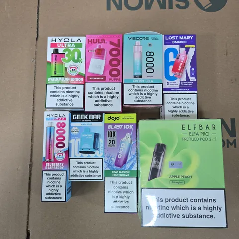 APPROXIMATELY 20 ASSORTED E-CIGARETTE & VAPING ITEMS IN VARIOUS BRANDS TO INCLUDE HULA, GEEK BAR, ELFBAR ETC 