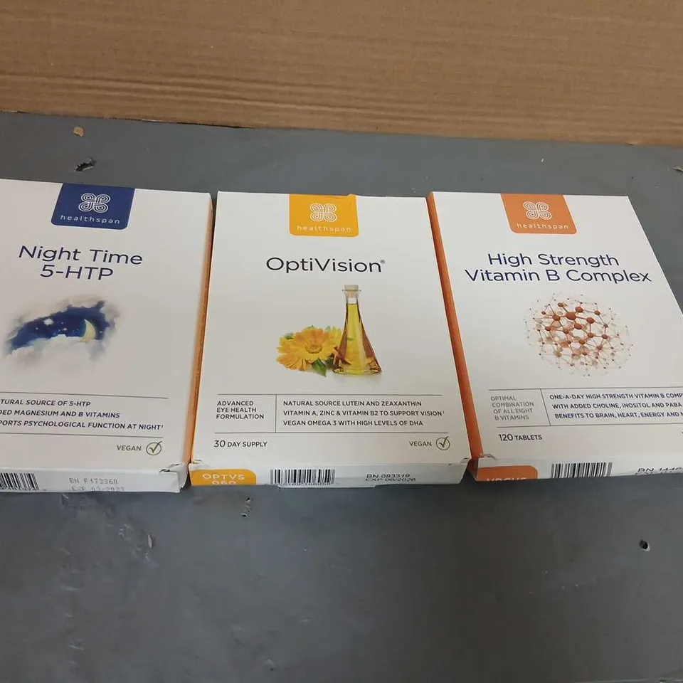 APPROXIMATELY 17 ASSORTED HEALTHSPAN PACKS TO INCLUDE; NIGHT TIME 5-HTP, OPTIVISION & HIGH STRENGTH VITAMIN B COMPLEX