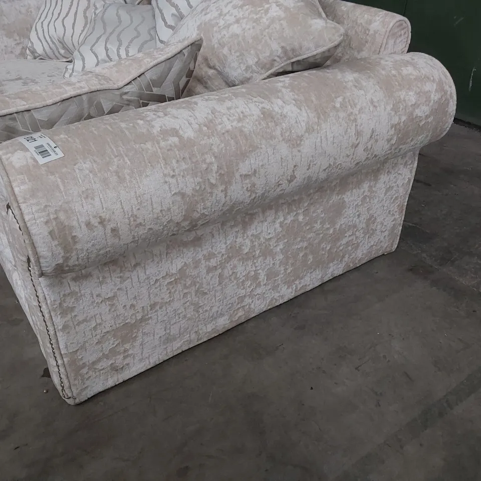 DESIGNER TWO SEATER SCROLL ARM SOFA WITH SCATTER CUSHIONS SILVER FABRIC & STUDDED DETAIL