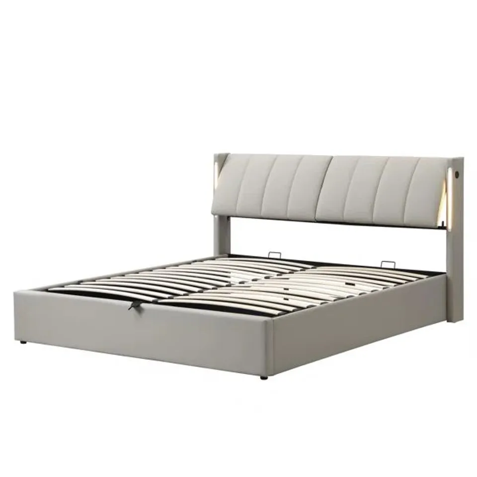 BOXED UPHOLSTERED STORAGE BED WITH ADJUSTABLE HEADBOARD - GREY (2 BOXES)