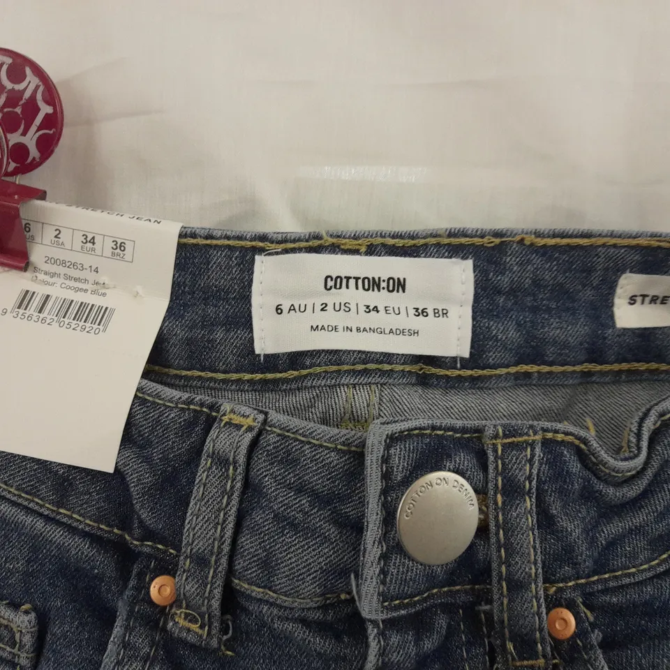 BOX OF APPROX 24 COTTON:ON STRAIGHT STRETCH JEAN - COOGEE BLUE SIZE 6 AUS