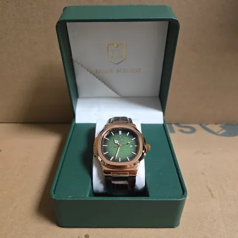 FRANK SCHMIDT WATCH WITH ROSE GOLD COLOUR FRAME GREEN DIAL & BROWN LEATHER STRAP