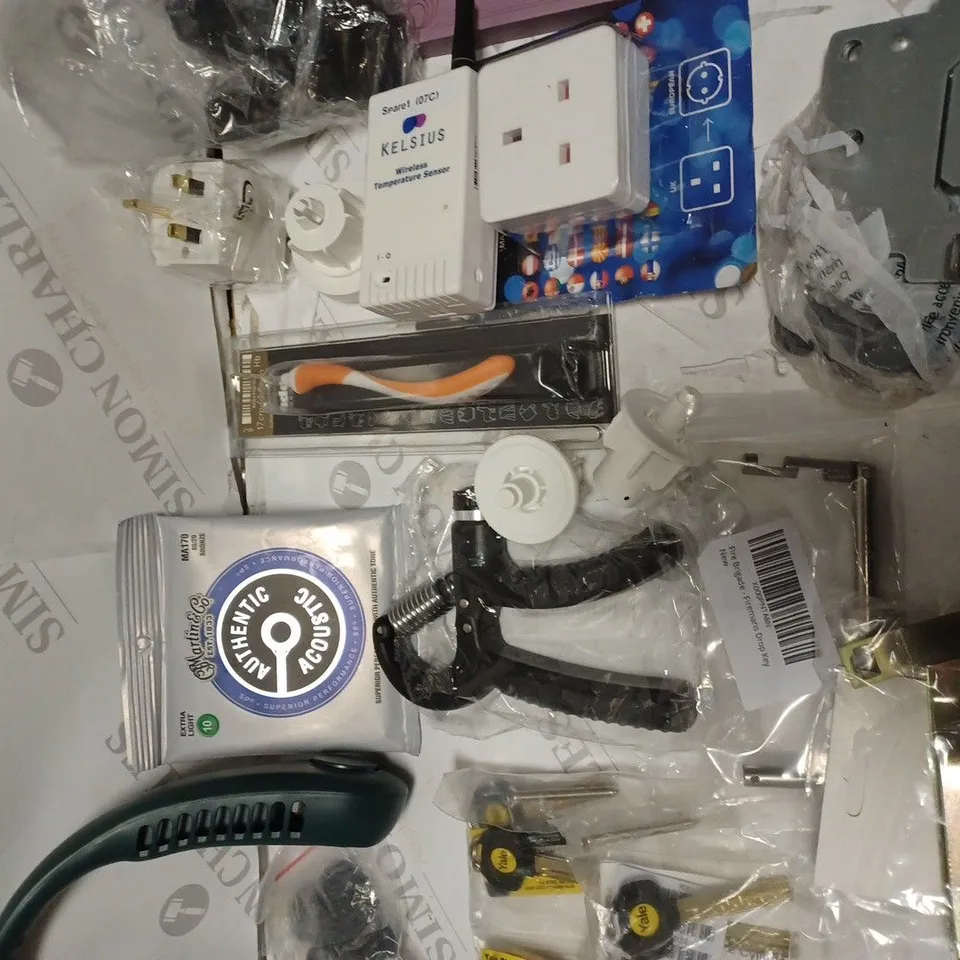 LOT OF ASSORTED GOOD TO INCLUDE KELSIUS WIRELESS TEMPERATURE SENSOR , EUROPEAN TRAVEL ADAPTORS , ETC