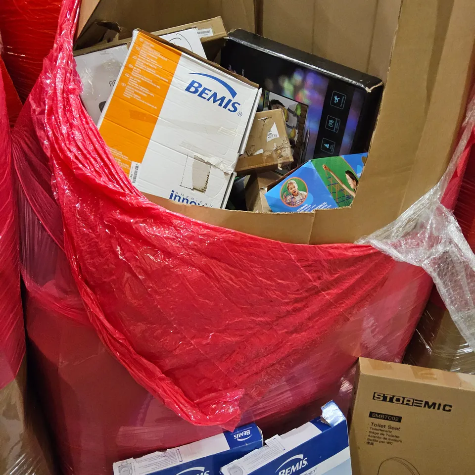 PALLET OF ASSORTED ITEMS TO INCLUDE, CAMERA DANCE MAT, KNITTING MZCHINE, DOLL TWIN STROLLER, HIGH FIDELITY TURNTABLE SYSTEM, TOILET SEATS.
