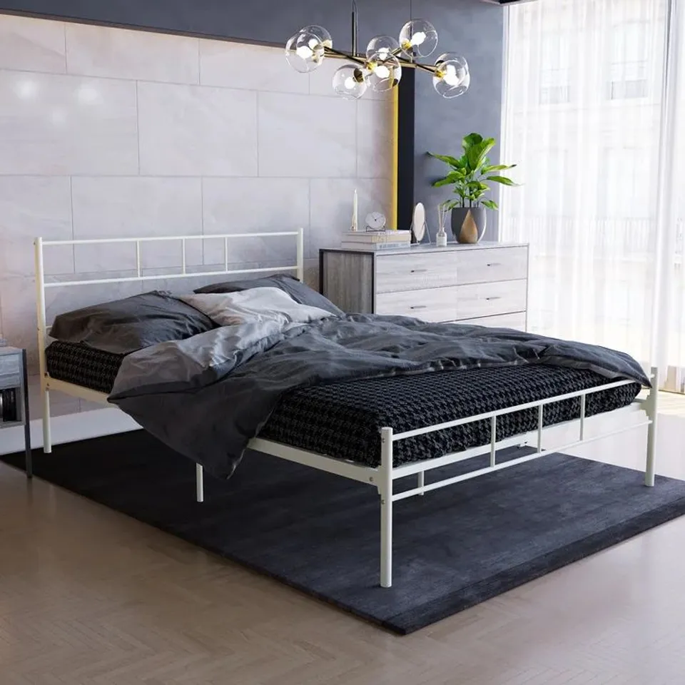 BOXED DORSET METAL DOUBLE BED WITH METAL BED SLATS & CENTRE SUPPORT LEGS - WHITE (1 BOX)