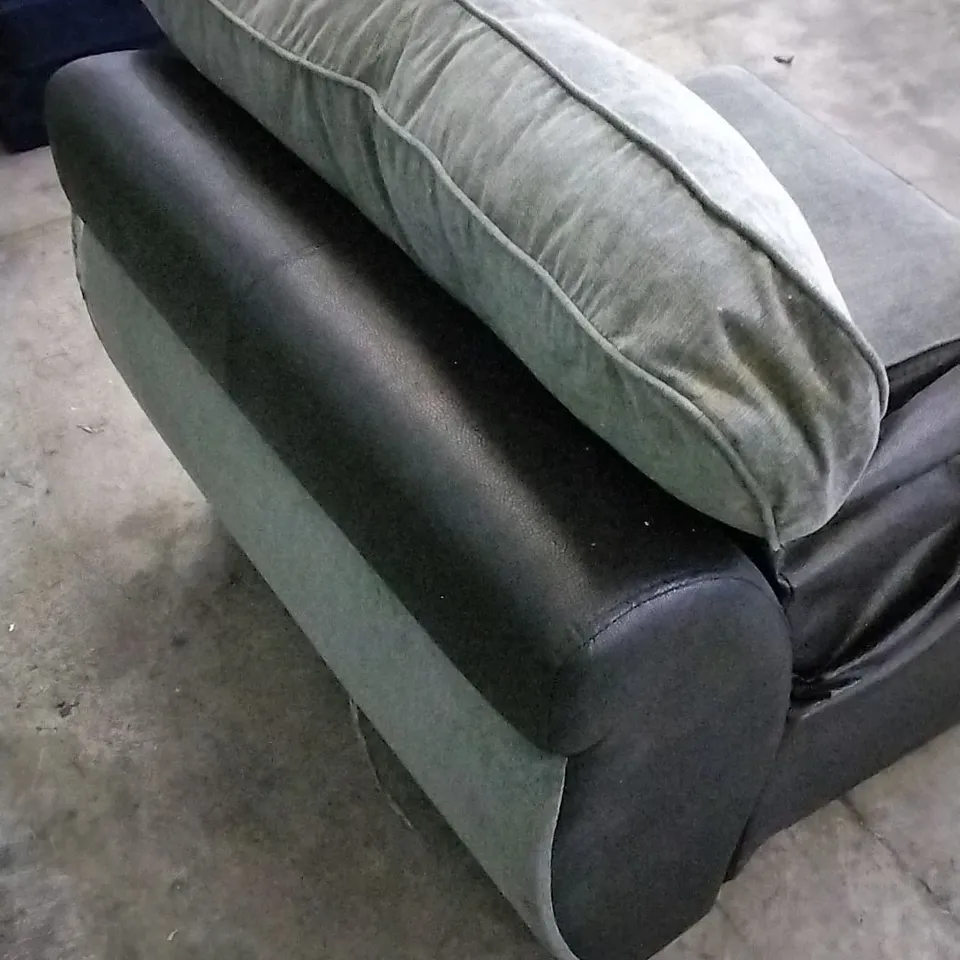 BLACK LEATHER ARMCHAIR WITH GREY CUSHIONS (MISSING ARM)
