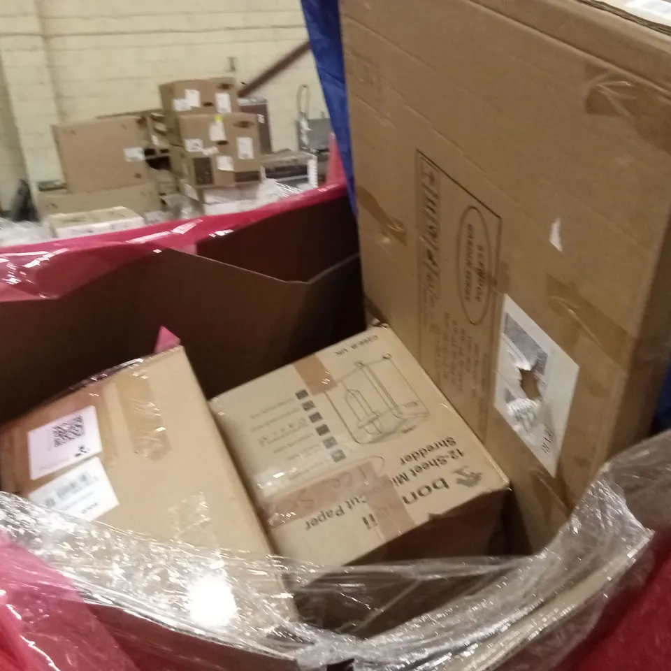 PALLET OF ASSORTED HOUSEHOLD GOODS AND PRODUCTS TO INCLUDE; POP-UP TENTS, DEHUMIDIFIER, BOXED FURNITURE ETC 