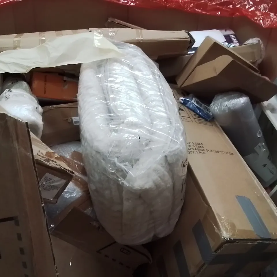 PALLET OF ASSORTED HOUSEHOLD GOODS AND PRODUCTS TO INCLUDE;AREA RUG,CAT LITTER TRAY,RETRACTABLE SAFETY GATE