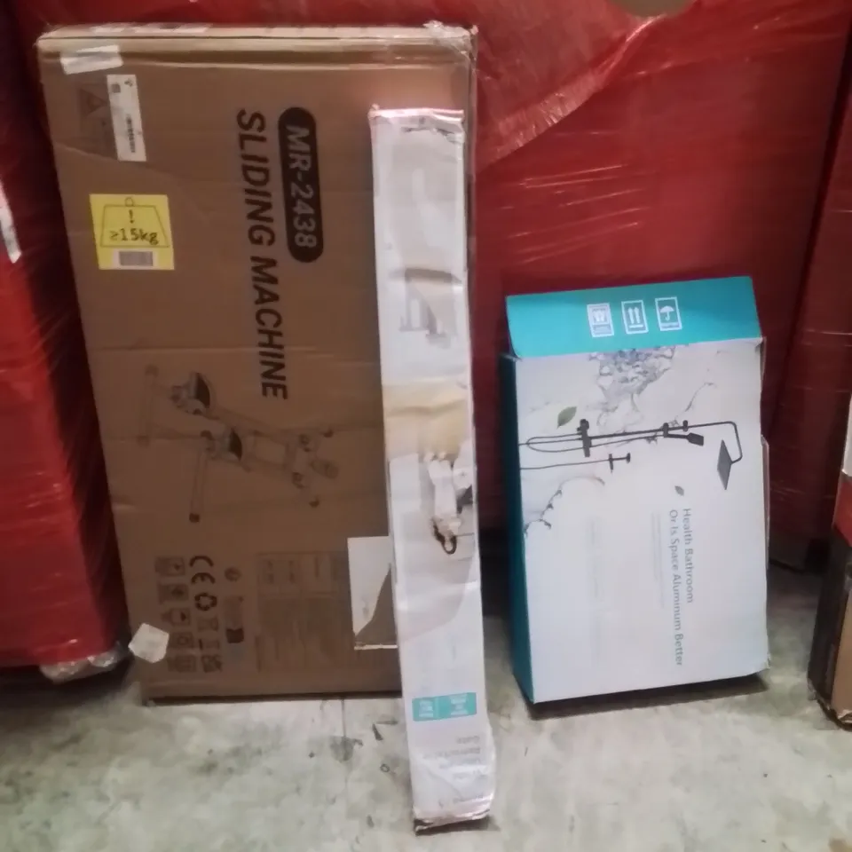PALLET OF ASSORTED HOUSEHOLD GOODS AND PRODUCTS TO INCLUDE;SLIDING MACHINE,RETRACTABLE SAFETY GATE,SHOWER SYSTEM 