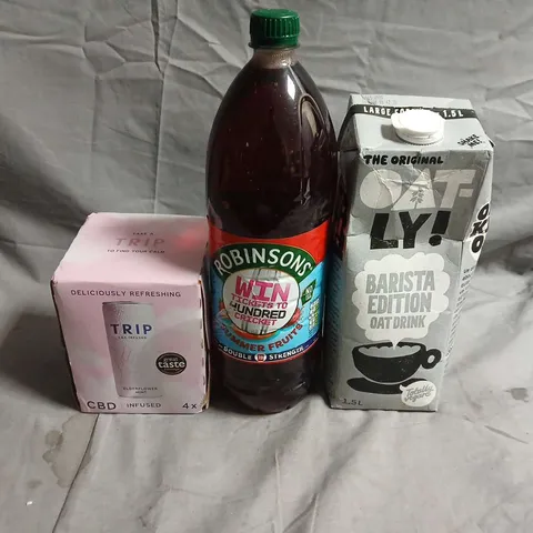 APPROXIMATELY 3 ASSORTED FOOD ITEMS TO INCLUDE - ROBINSONS FRUIT JUICE, OATLY AND TRIP 