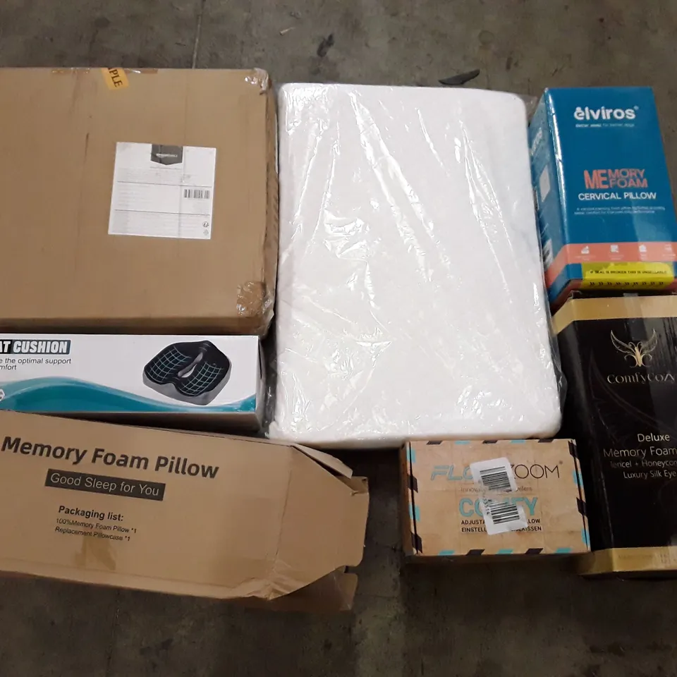 PALLET CONTAINING ASSORTED PILLOWS & CUSHIONS INCLUDING MEMORY FOAM PILLOW, SEAT CUSHION, MATTRESS TOPPER, ADJUSTABLE TRAVEL PILLOW, NOFFA PILLOW 