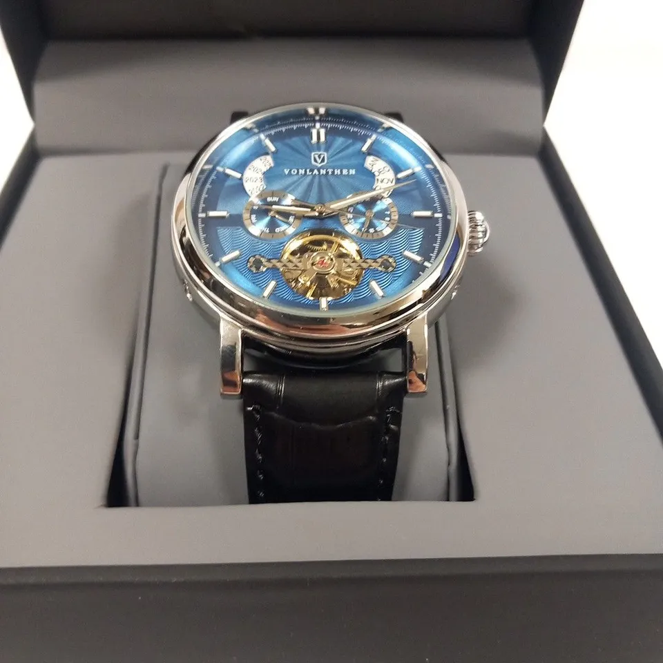 MENS VONLANTHEN AUTOMATIC WATCH – DATE YEAR SUB DIAL COMPLICATIONS – OPEN HEART MOVEMENT – GLASS EXHIBITION BACKCASE – BLACK LEATHER STRAP 