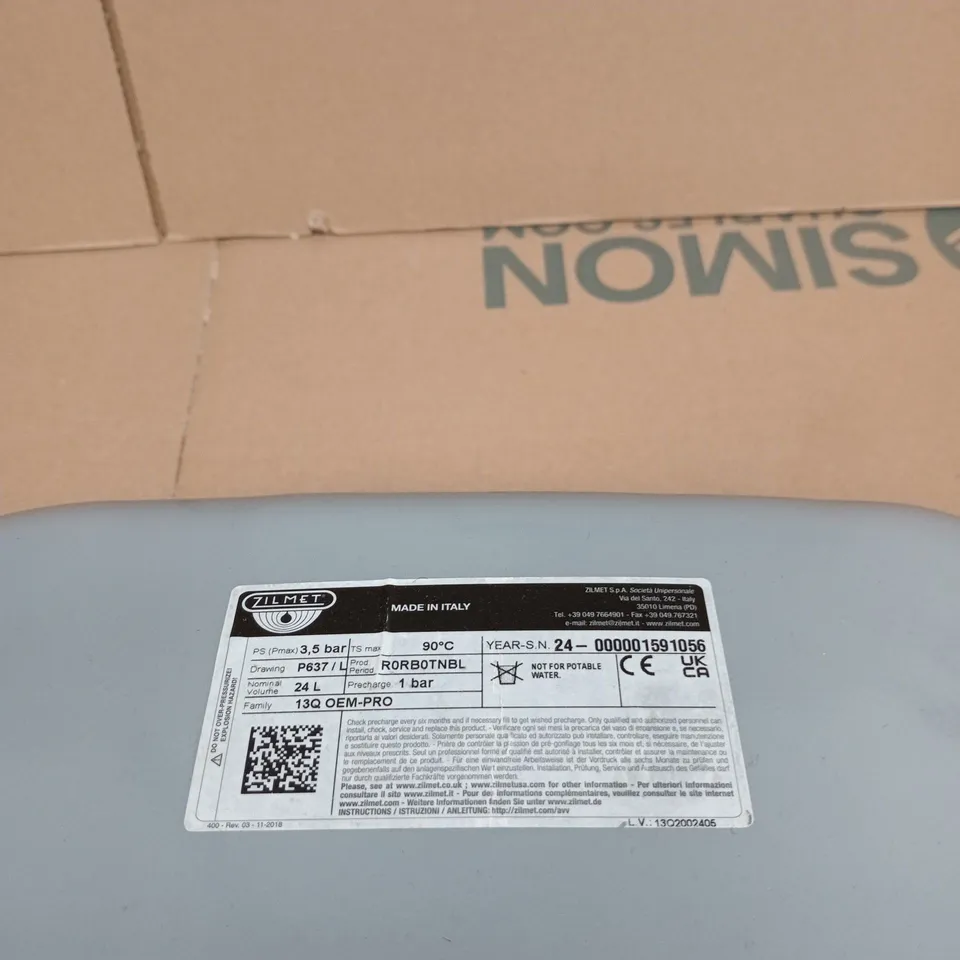ZILMET 24 L EXPANSION VESSEL FOR CENTRAL HEATING – MADE IN ITALY