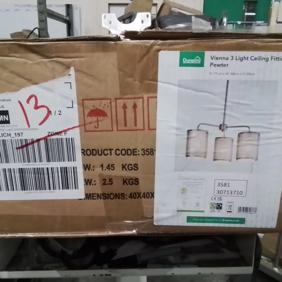 BOXED VIENNA 3 LIGHT CEILING FITTING PEWTER 