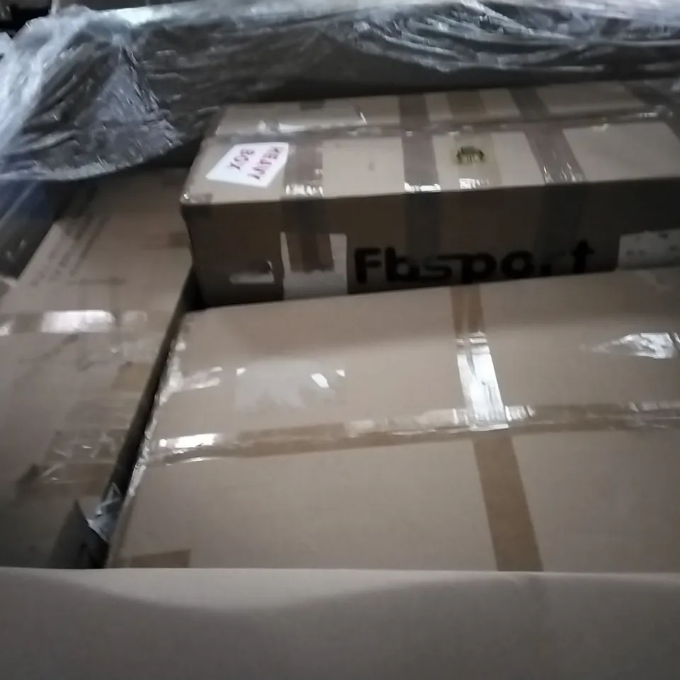 PALLET OF ASSORTED ITEMS INCLUDING AIR COOLER, UTEX 3-IN-1 POP UP PLAY TENT HOUSE SET, A&B PADDLE BOARD , FIDGET SUP BOARD,NORTHERN STONE FOOTBALL NET, FORGING MOUNT FULL-MOTION LONG ARM TV WALL MOUN 