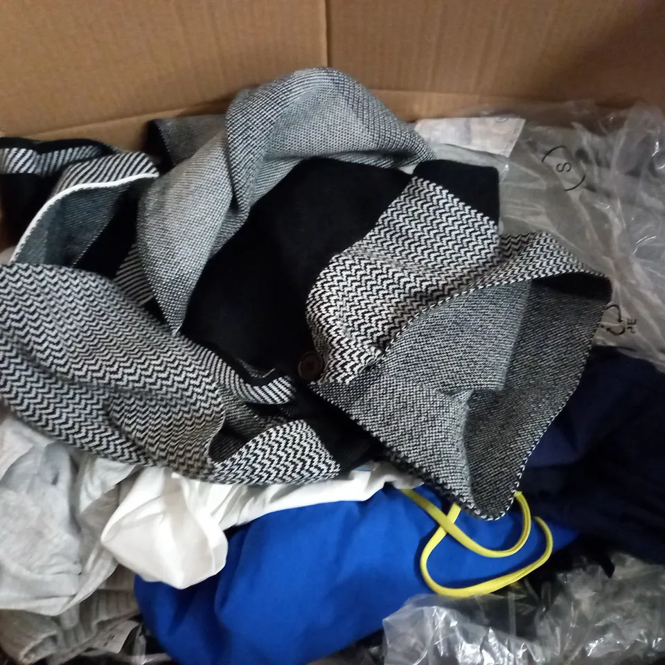 BOX OF ASSORTED CLOTHING ITEMS TOO INCLUDE JUMPERS, SHIRTS AND TROUSERS IN VARIOUS SIZES AND COLOURS   