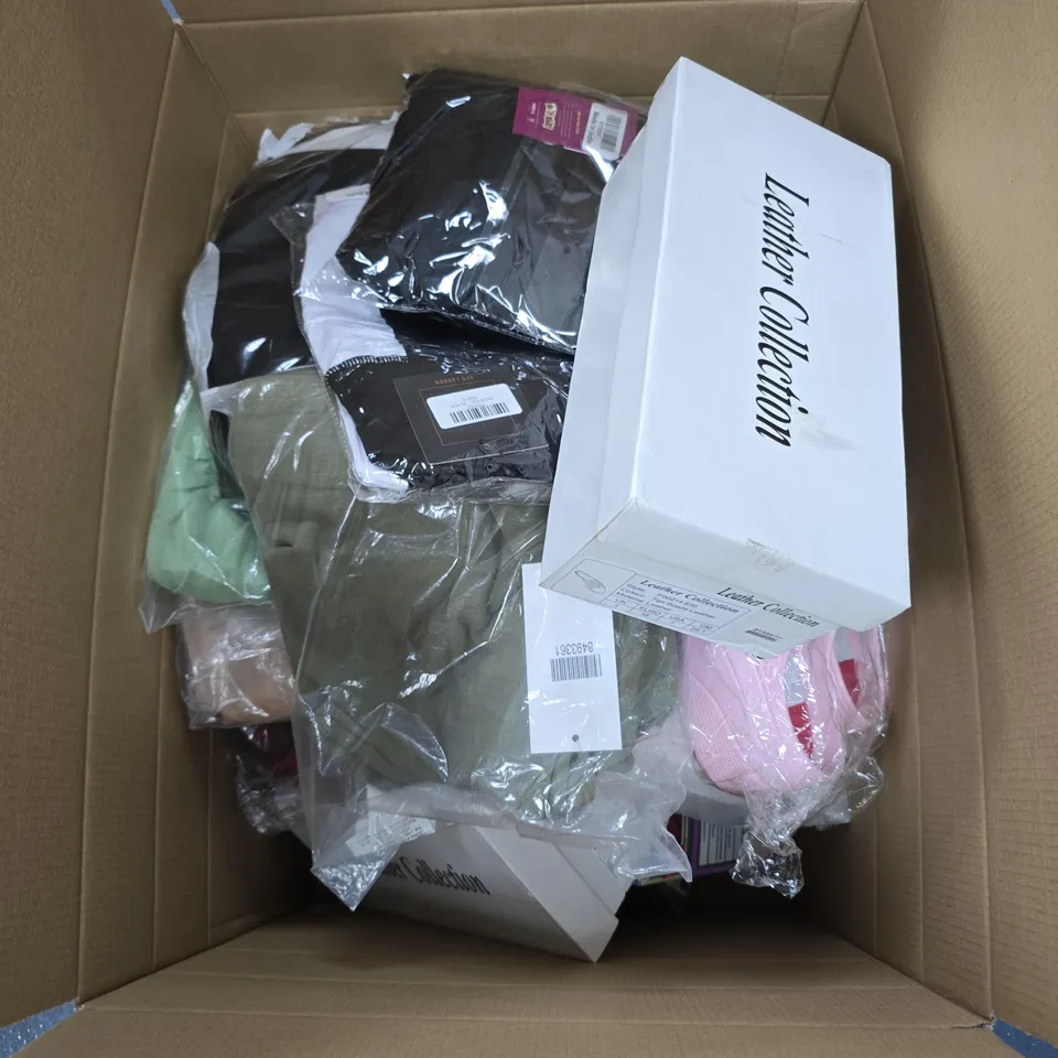 BOX OF APPROXIMATELY 15 ASSORTED CLOTHING ITEMS IN VARIOUS COLOURS, SIZES AND STYLES
