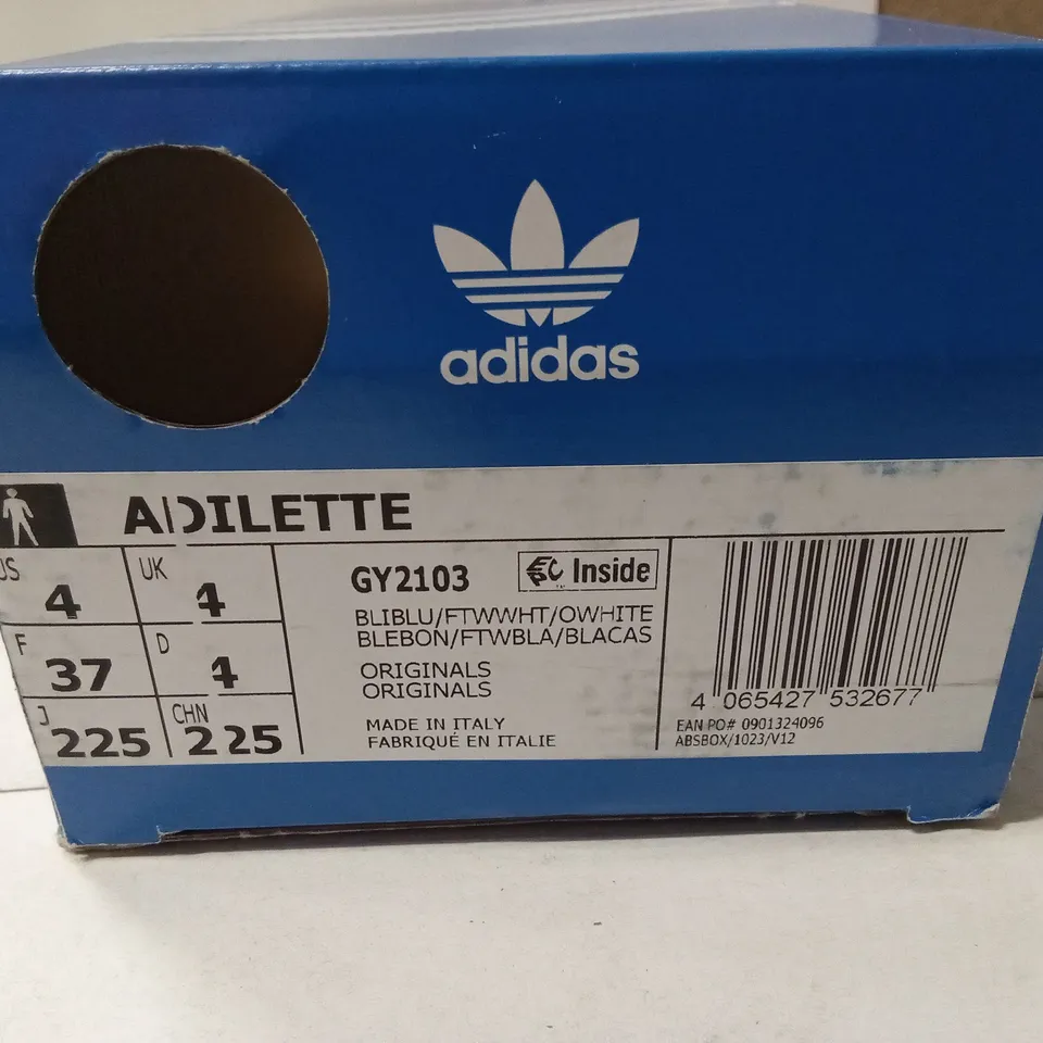 BOXED ADIDAS ADILETTE SLIDES – WHITE WITH MULTICOLOUR STRAPS – UK 4