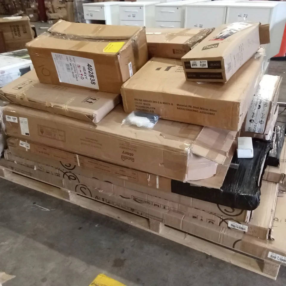 PALLET OF ASSORTED HOUSEHOLD GOODS AND FURNITURE PARTS 