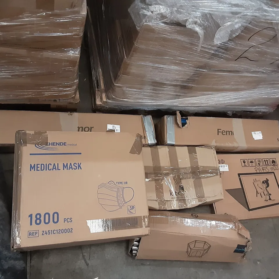 PALLET OF ASSORTED PRODUCTS TO INCLUDE NICREW AQUARIUM LIGHT, AQUDARMIS LADDER, ZHENDE MEDICAL MASKS, FEMOR,  NEW UPGRADE PADDLING POOL