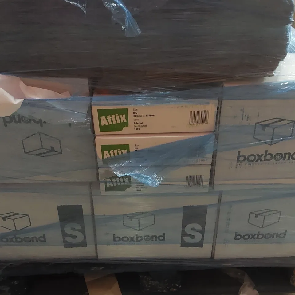 PALLET CONTAINING A LARGE QUANTITY OF ASSORTED ITEMS INCLUDING: PALLET WRAP, TAPE, BOXES, LABELS ECT