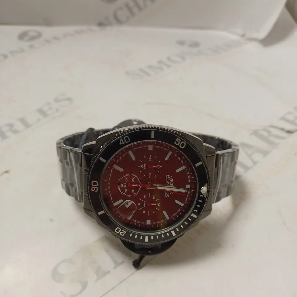 BOXED VICKERS ARMSTRONGS GEOSPHERE CHRONOGRAPH MOVEMENT RED DIAL BLACK CHAIN STRAP WATCH