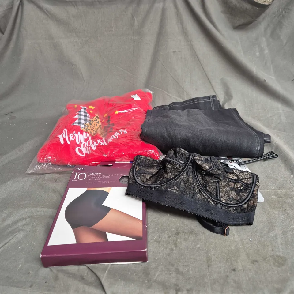 BOX OF APPROXIMATLEY 18 ASSORTED CLOTHING ITEMS TO INCLUDE TIGHTS, BRA, STRETCH TOP JEANS, XMAS HOODIE ETC