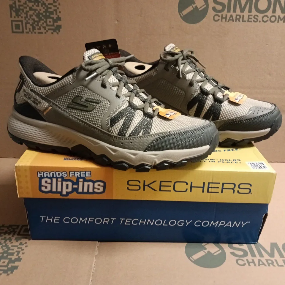BOXED PAIR OF SKECHERS SLIP-IN TRAINERS IN TAUPE SIZE UK 11.5