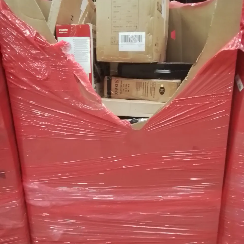 PALLET CONTAINING VARIOUS ASSORTED BOXED HOUSEHOLD ITEMS TO INCLUDE: BALANCE BIKE, CONON PRINTER, GAMING SYSTEM, CHILDREN'S SLIDE AND LOTS MORE UNMARKED BOXED ITEMS 