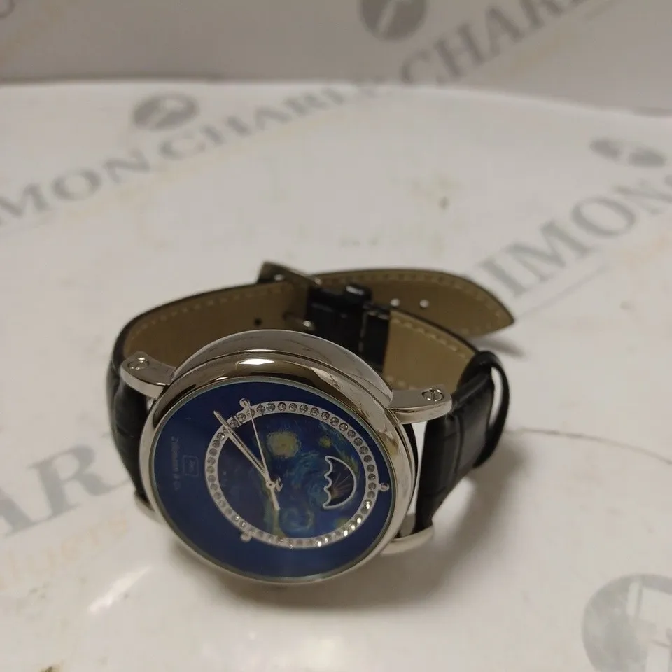 MENS ZIHLMANN & CO AUTOMATIC WATCH – Z150 – MOONPHASE DIAL – GLASS EXHIBITION BACKCASE - SILVER COLOUR CASE – BLACK LEATHER STRAP