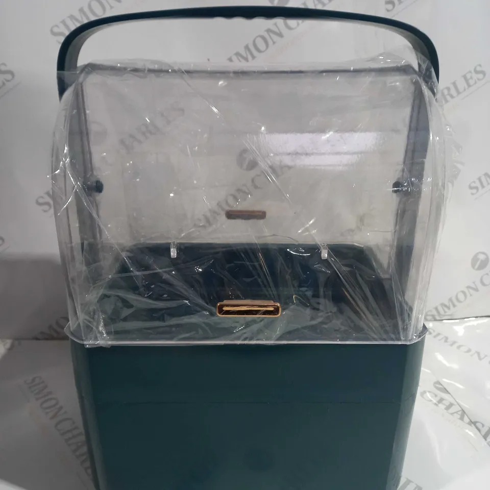 BOXED UNBRANDED COSMETIC STORAGE BOX IN GREEN WITH SEE THROUGH TOP 