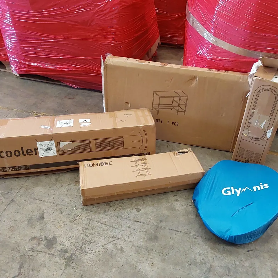 PALLET OF ASSORTED CONSUMER PRODUCTS TO INCLUDE; TOWER FANS, DESK, DRYING RACK SHELF, POP-UP TENT ECT