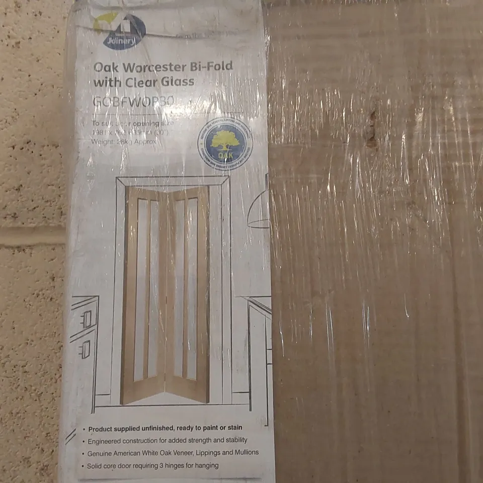 BOXED OAK WORCESTER BI-FOLD WITH CLEAR GLASS - APPROXIMATELY 1981 x 762 x 35mm