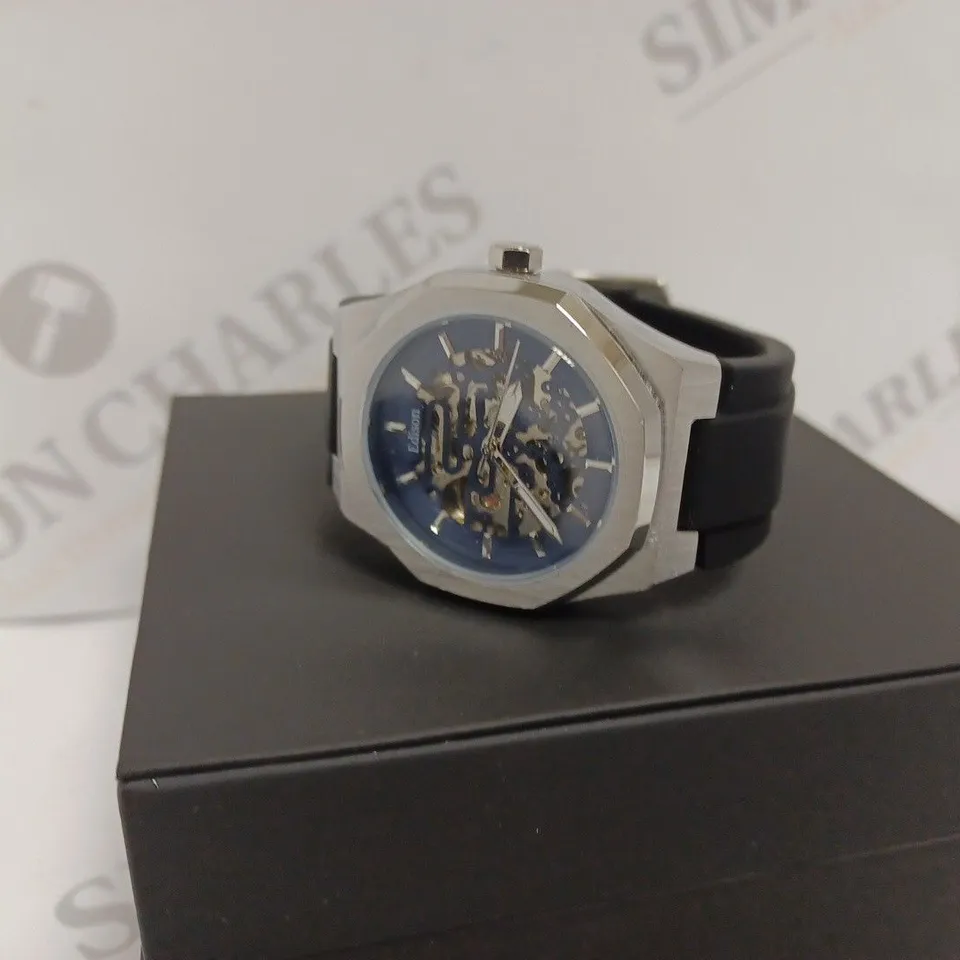 EDISON AUTOMATIC ROADSTER HEXAGON MENS WATCH - STAINLESS STEEL CASE - BLACK RUBBER STRAP - 3ATM WATER RESISTANT - DISPLAY BOX