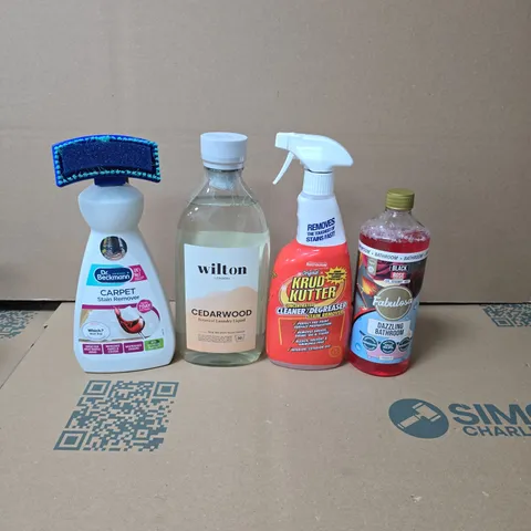 TOTE OF APPROXIMATELY 12 HOUSEHOLD LIQUIDS TO INCLUDE DR BECKMANN CARPET STAIN REMOVER, FABULOSA BATHROOM CLEANER AND WILTON CEDARWOOD LAUNDRY LIQUID