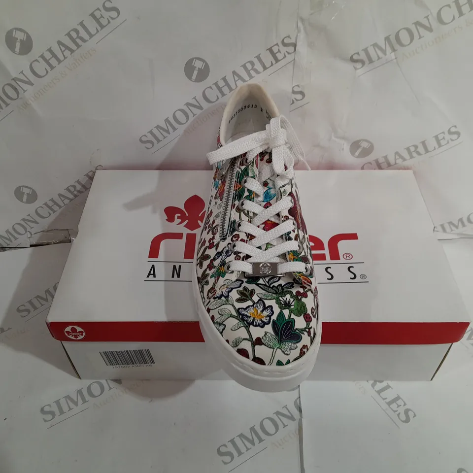 BOXED RIEKER LEATHER FLORAL PATTERN TRAINERS SIZE 6