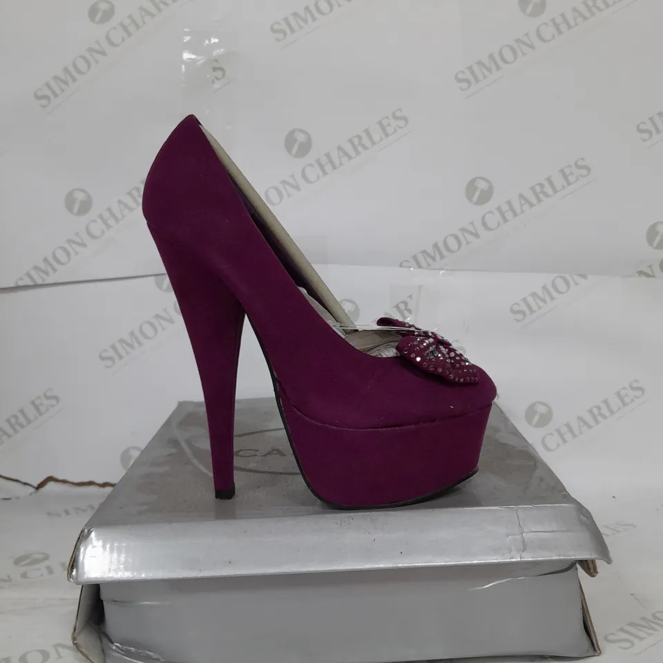 CASSANDRA PLATFORM STILLETO HEEL IN  PURPLE SUEDE WITH PHINESTONE BOW DETAIL SIZE 3