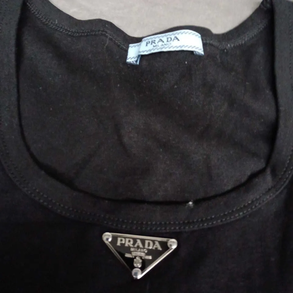 PRADA BLACK SLEEVELESS VEST TOP WITH TRIANGLE LOGO PLAQUE