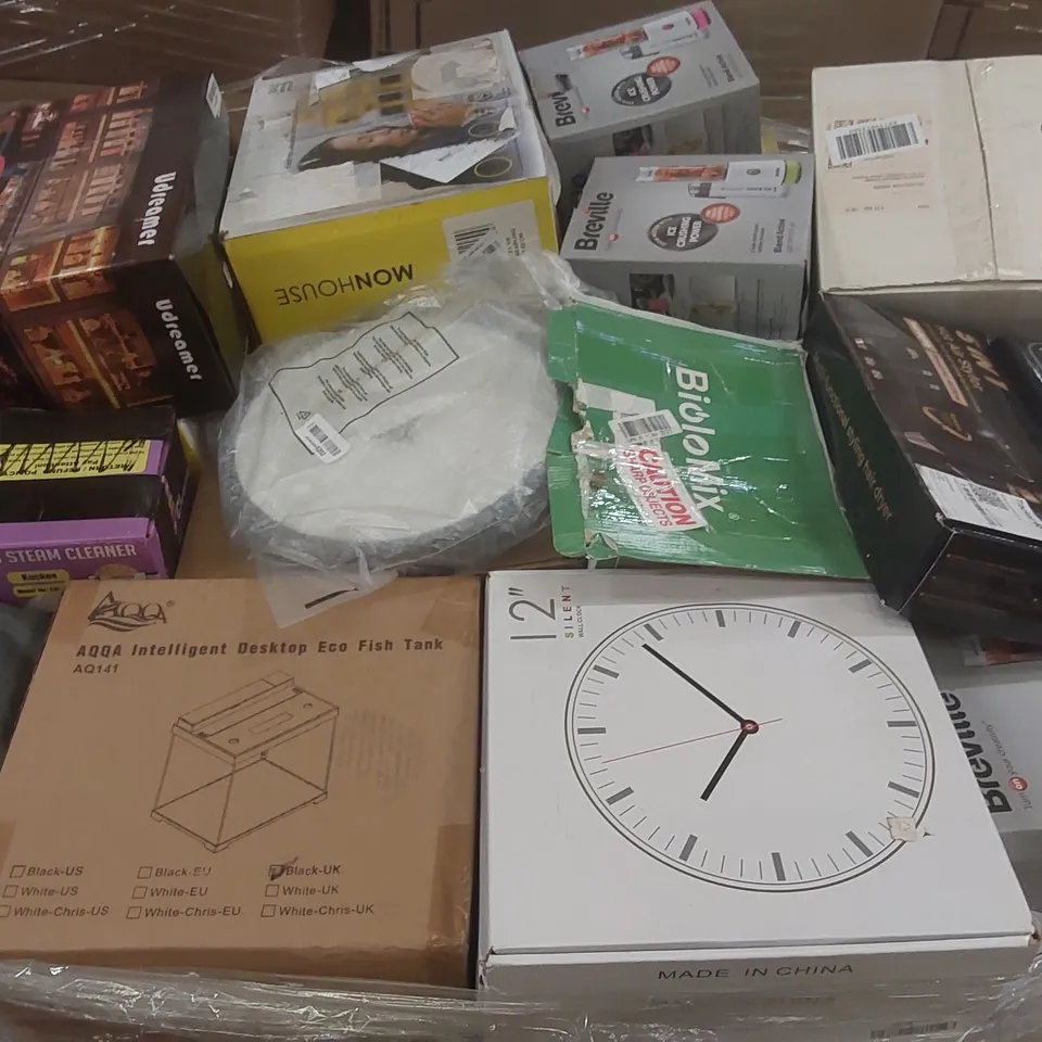 PALLET CONTAINING A VERY LARGE QUANTITY OF ASSORTED ITEMS INCLUDING: DESKTOP FISH TANK, RECORD PLAYER, STEAM CLEANER, ELECTRIC BLANKET, BLENDER ECT