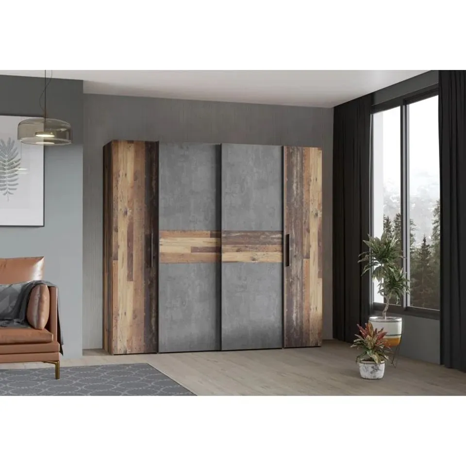 BOXED KORAN 4 DOOR MANUFACTURED GREY WOODEN WARDROBE (3 BOXES)