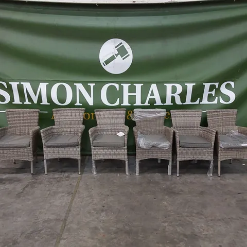 DESIGNER SET OF 6 GREY RATTAN CHAIRS WITH CUSHIONS
