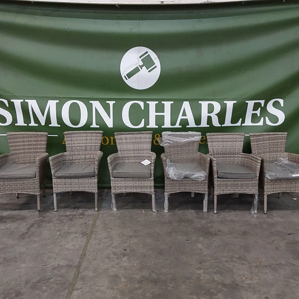 DESIGNER SET OF 6 GREY RATTAN CHAIRS WITH CUSHIONS